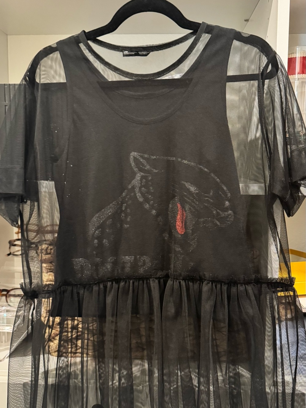Zara Black Sheer Mesh Short Sleeve Top with Red Accent